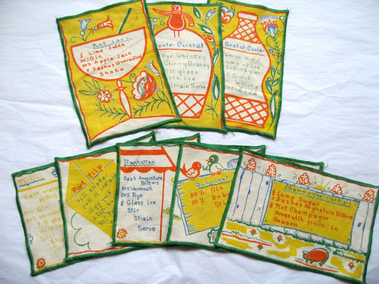 Drinks and toasts. Partial set of 8 vtg cocktail napkins, excellent condition.