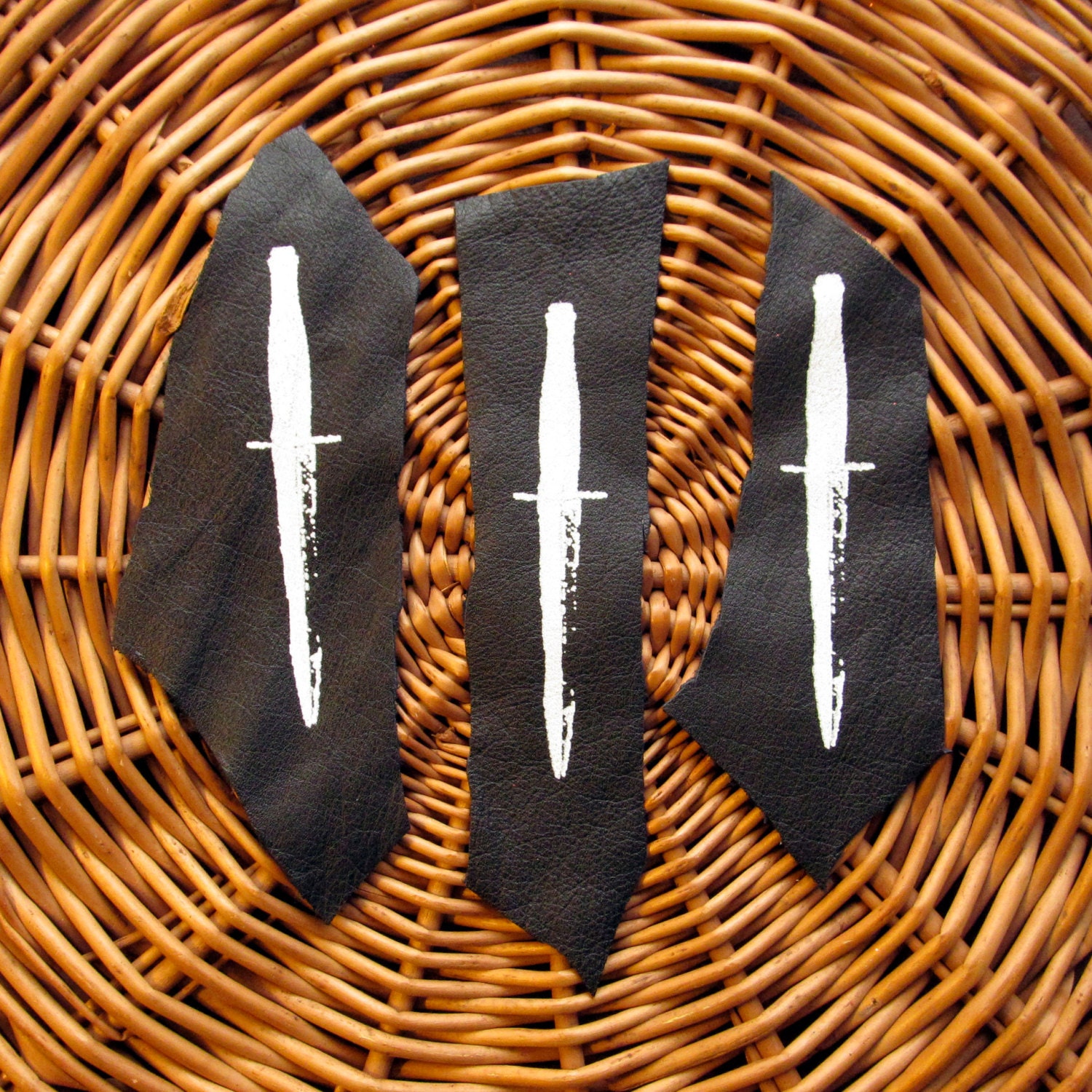 Leather Dagger handmade screenprinted patch, recycled, white on black leather