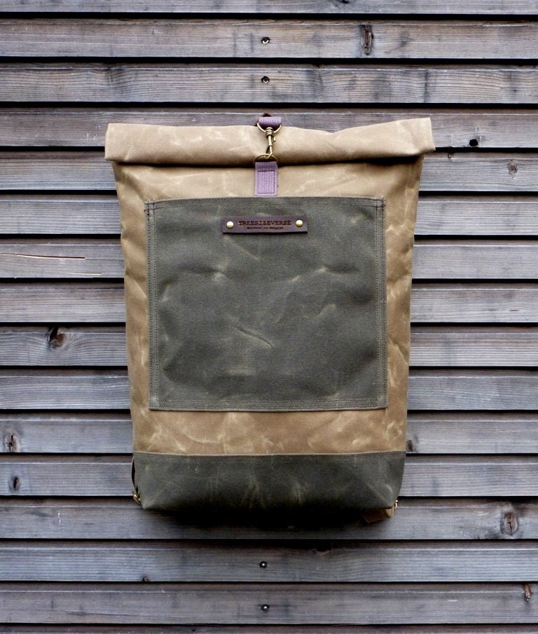 Waxed canvas rucksack/backpack with roll up top and double waxed bottom COLLECTION UNISEX
