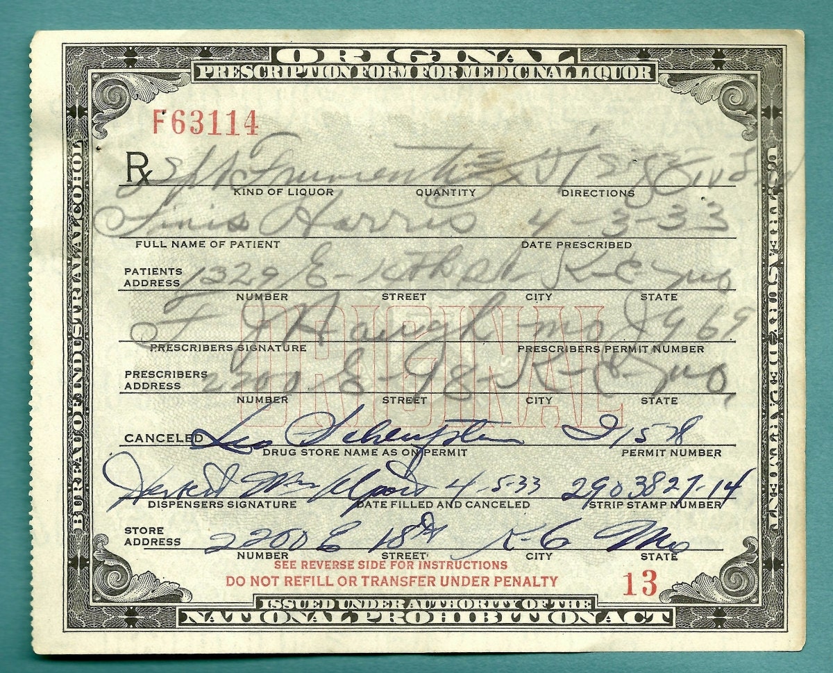 PROHIBITION Whiskey Prescription Harris Medical Doctor Medicine Drug Antique 4/3/33  Kansas City MO Pharmacy Home Bar
