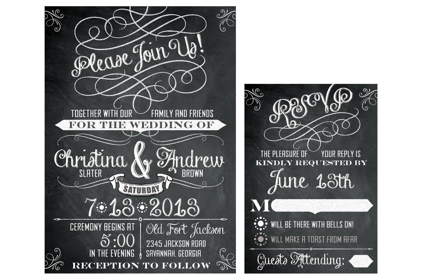 NEW Chalkboard Art Script and Flourish Wedding Invitations. Custom fonts, colors & wording FREE