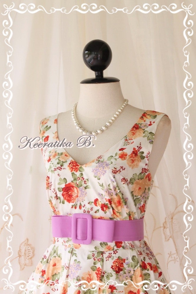 Lady Tea Dress - Sweet Cutie Glamorous Pale Floral Print Tea/Sundress Spring Summer Collection V Neck Pleated Skirt