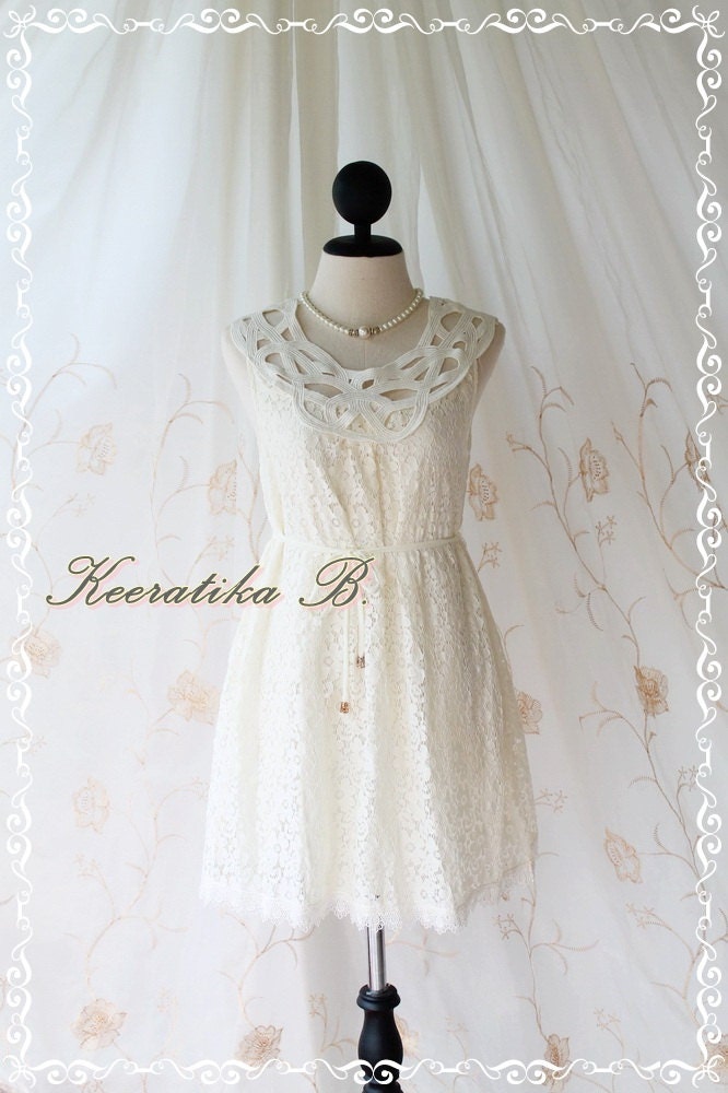 Lacy Darling - Lady Lace Dress Ivory Lace Sweet Simply Cocktail Dinner Bridesmaid Prom Party Dress Classy Detailed Dress S-M