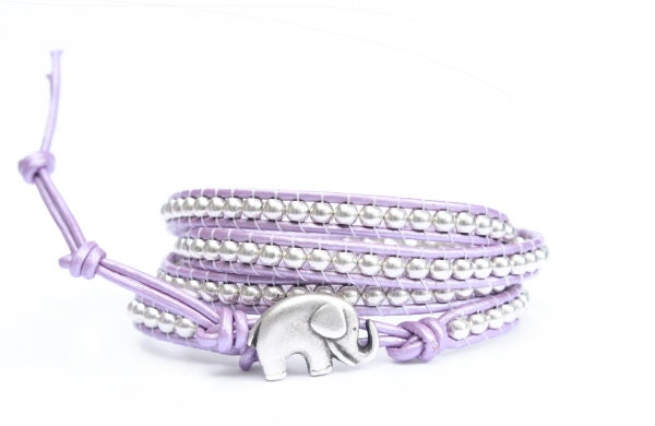 Violet and Silver  Beaded Leather Wrap Bracelet - the lucky elephant Original with Polished Silver Pewter & GOOD LUCK ELEPHANT Button