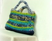 Rag bag - crochet hand bag in various blues  fabric yarns