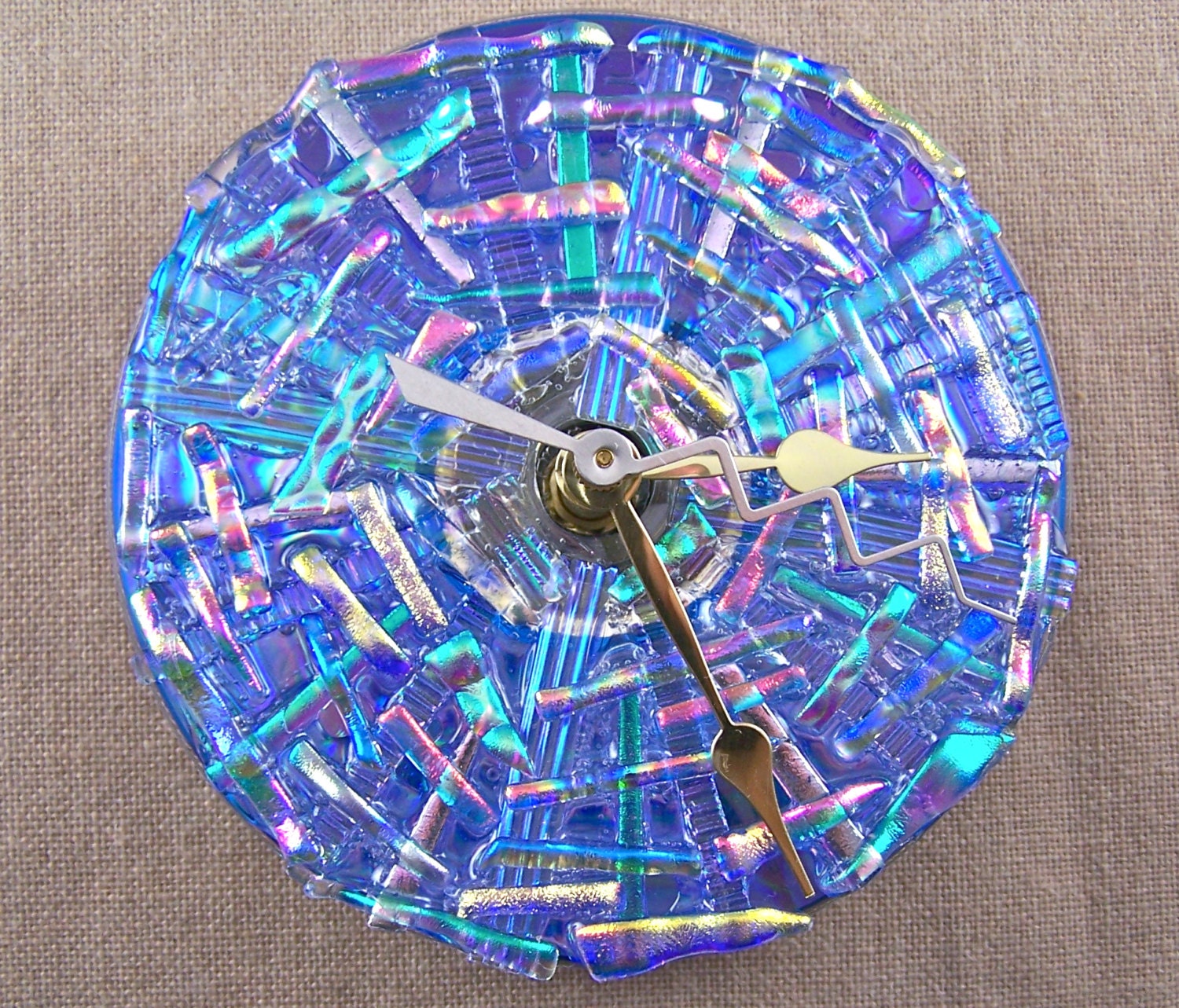 Mosaic Clock - Dichroic Glass Medallion - Diamonds & Ice Moonstone Blue Pink Opal Gold Green PeachFused Stained Glass on CD - 5 Inches Round