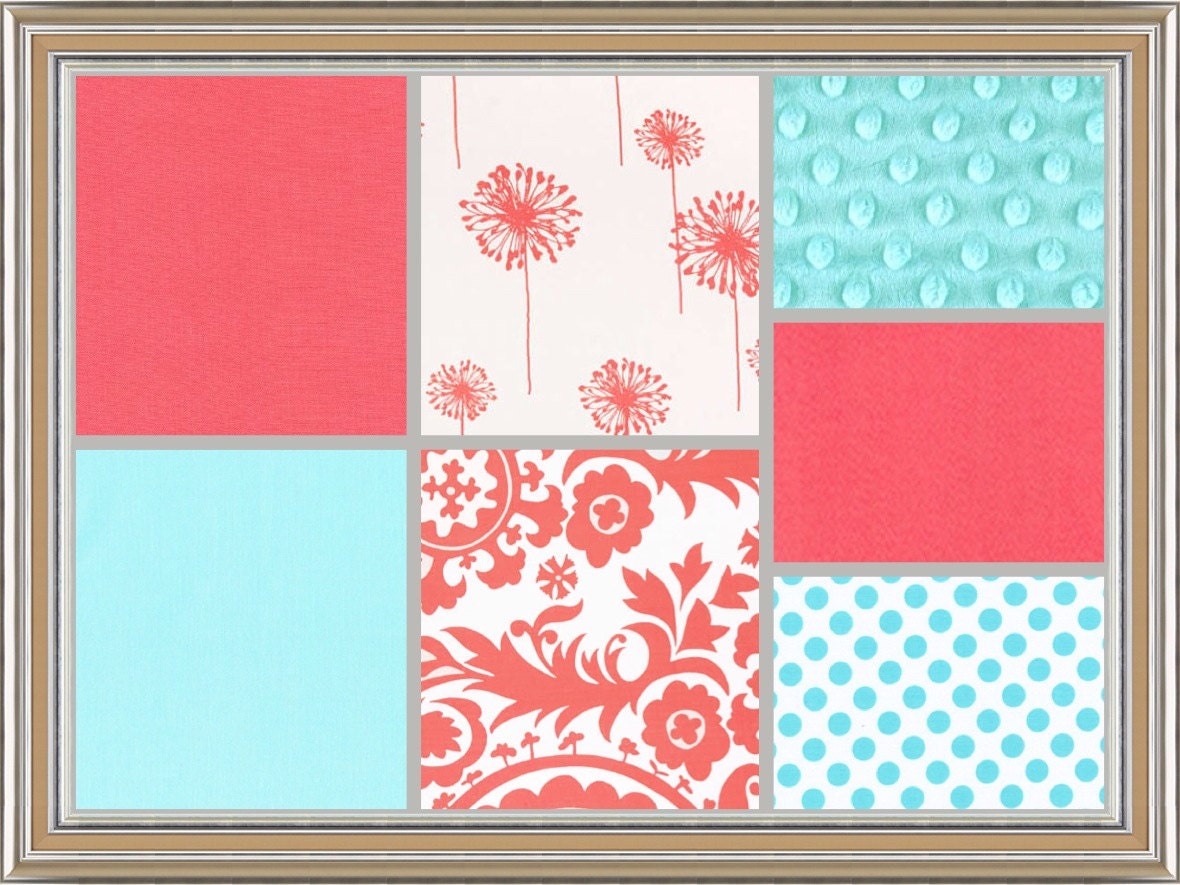 Custom Crib Bedding - 2 piece Set - coral aqua and white