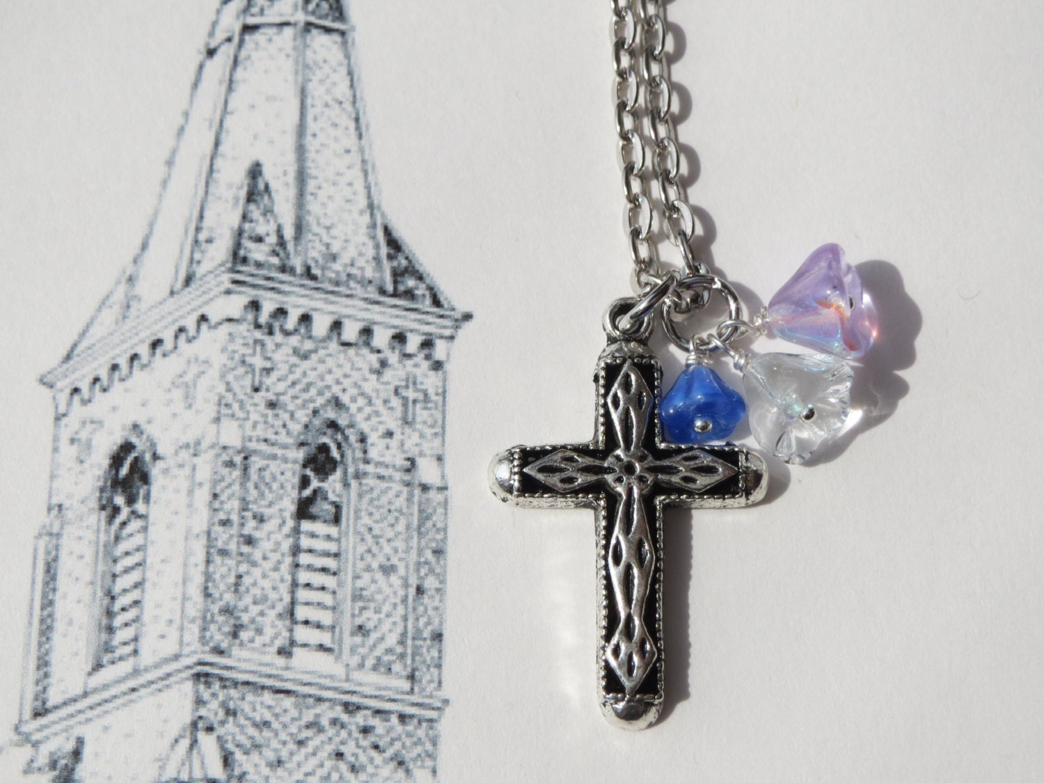 Cross Charm and Lovely Flowers Necklace - Clear White Blue Lilac Blossom Beads - Silver Tone Chain - Ready to Ship - Religious Jewelry N106