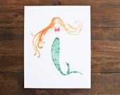 8 x 10 Mermaid print with hand painted gold details, nautical print for girl's room