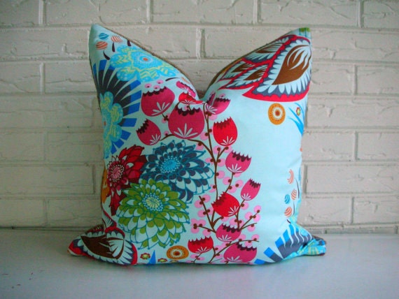 Decorative Throw Pillow Cover - Pale Blue Pink Orange Colorful Floral - Beachy Modern Cottage - Girly Feminine - Cotton & Jute Webbing - 20"