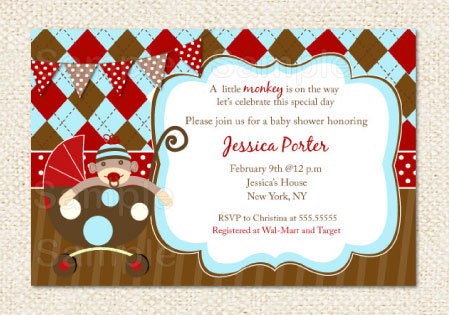 Sock Monkey Baby Shower Invitations