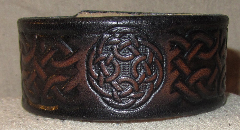 Leather Bracelet, Celtic Circle Design, Black with Brown and Antique