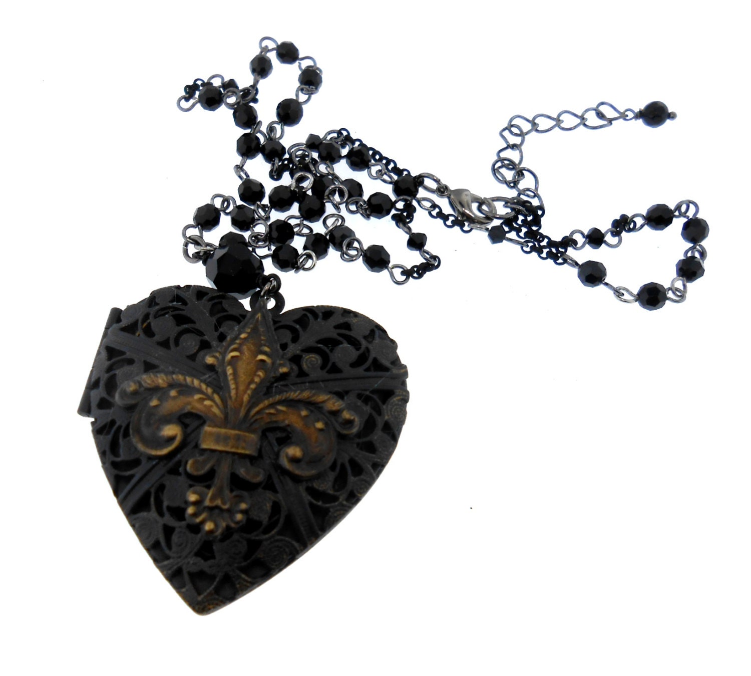Gothic/Renaissance/Dark Romance - Fleur De Lis Filigree Heart Locket Pendant with Swarovski Beaded Chain