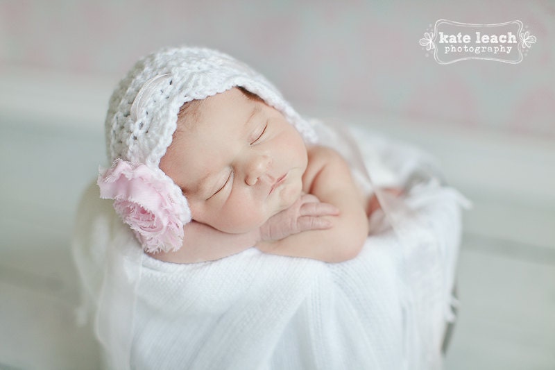 Vintage Bonnet in White and Light Pink in Newborn Size- MADE TO ORDER