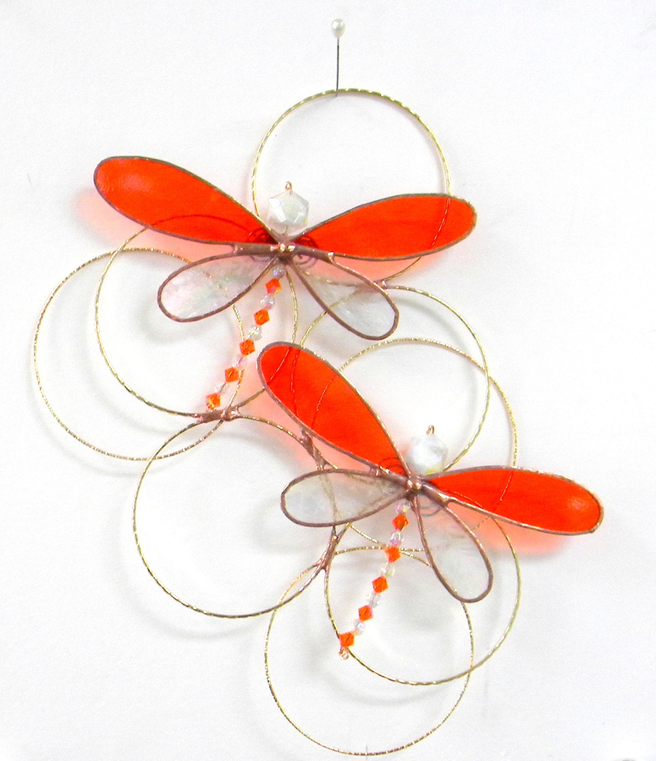 Tangerine Orange Dragonfly Stained Glass by shopworksofglass