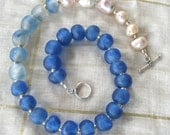 African recycled blue glass beads with Pearls