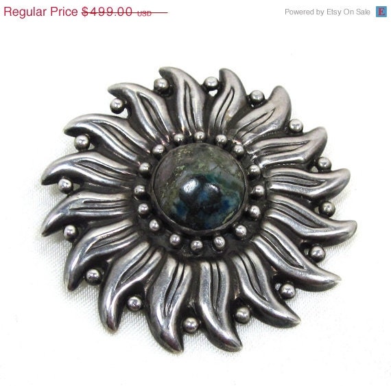 25%OFF HECTOR AGUILAR, Semi Precious Stone, Sun Pin 1945, Taxco, 940 Sterling, Signed, Collector Piece