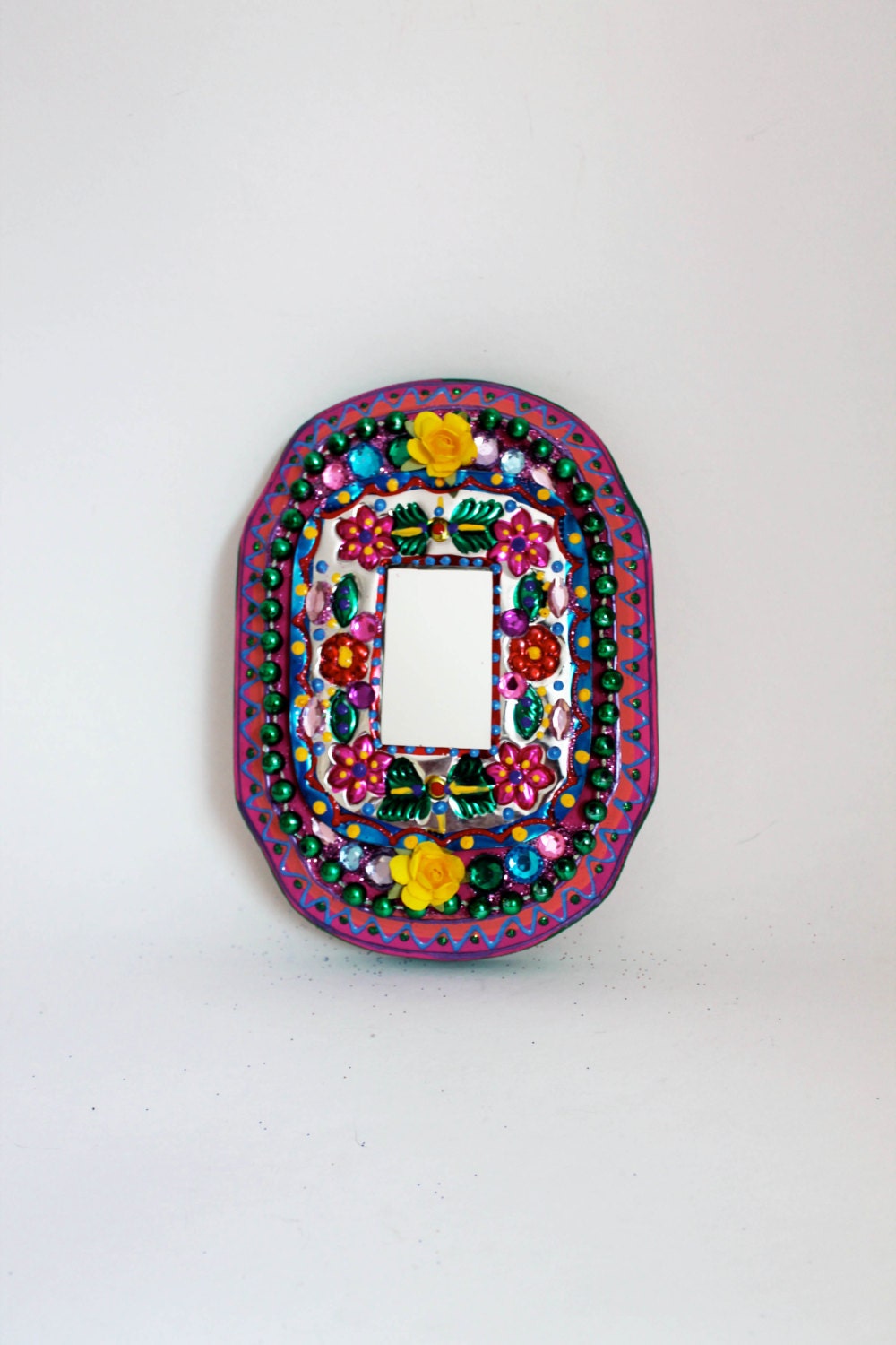 Tin mirror from Mexico on wood plaque / Mexican folk art / bright colorful mixed media / rainbow multicolor / wedding gift