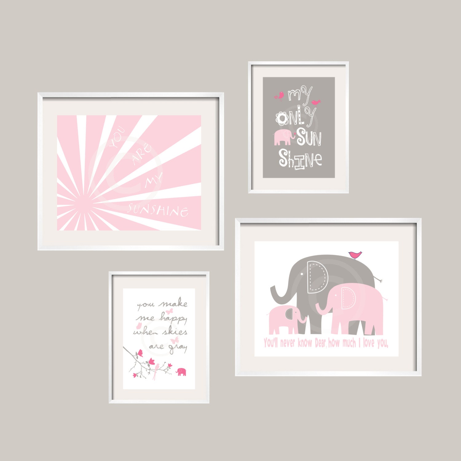 You Are My Sunshine Elephant Print Set Pink and Gray  girl and boy colors 8x10 and 5x7 Custom Colors available