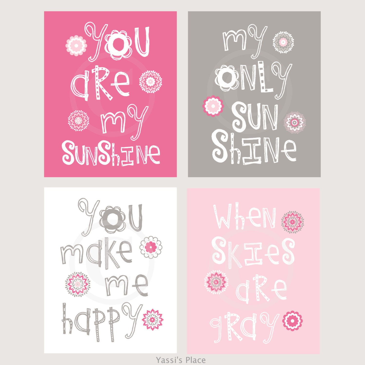 Pink and Gray Dahlia Nursery Wall Art, Playroom Art - You Are My Sunshine 8x10 nursery decor, baby shower gift, girl colors