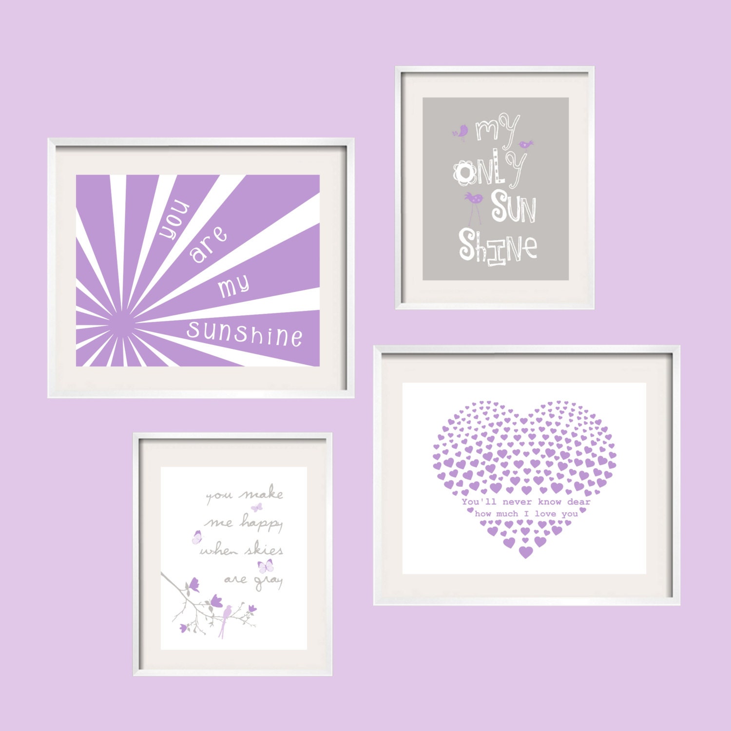 Purple and Gray You Are My Sunshine Print Set 8x10 and 5x7- Eclectic style Gallery wall Art - YassisPlace