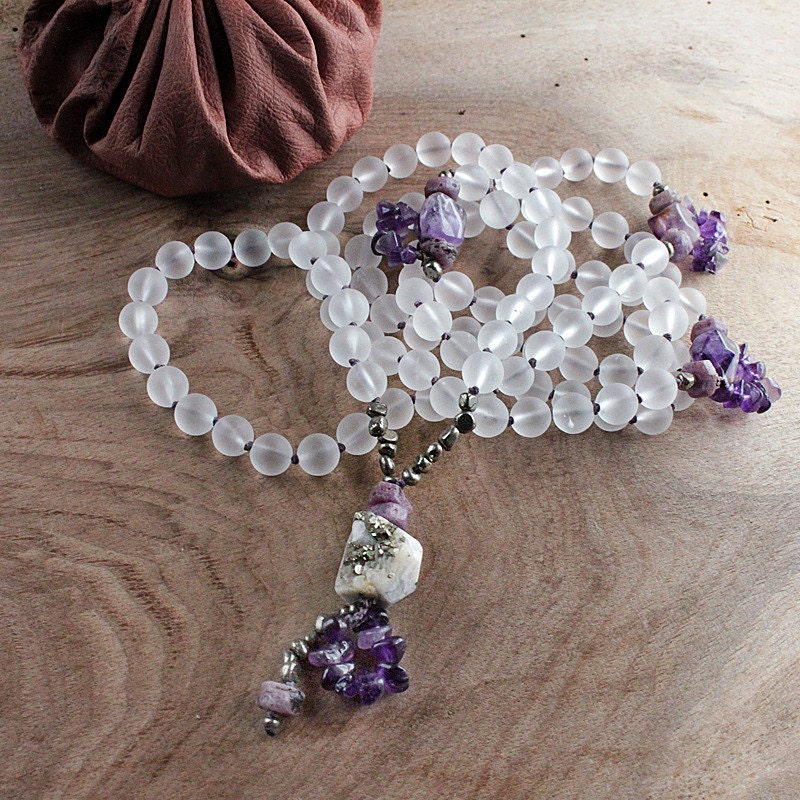 Quartz mala, yoga beads for meditation, 108 bead mala with Ruby and Amethyst - Tibetan Buddhist style mala