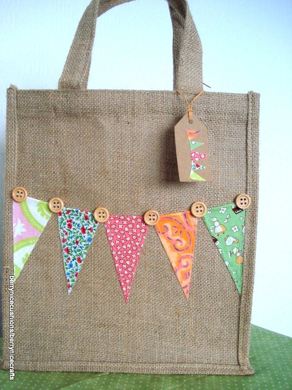 Hessian Jute Medium Bag with Bunting Lunch Bag Gift Bag Book Bag Bunting Bag