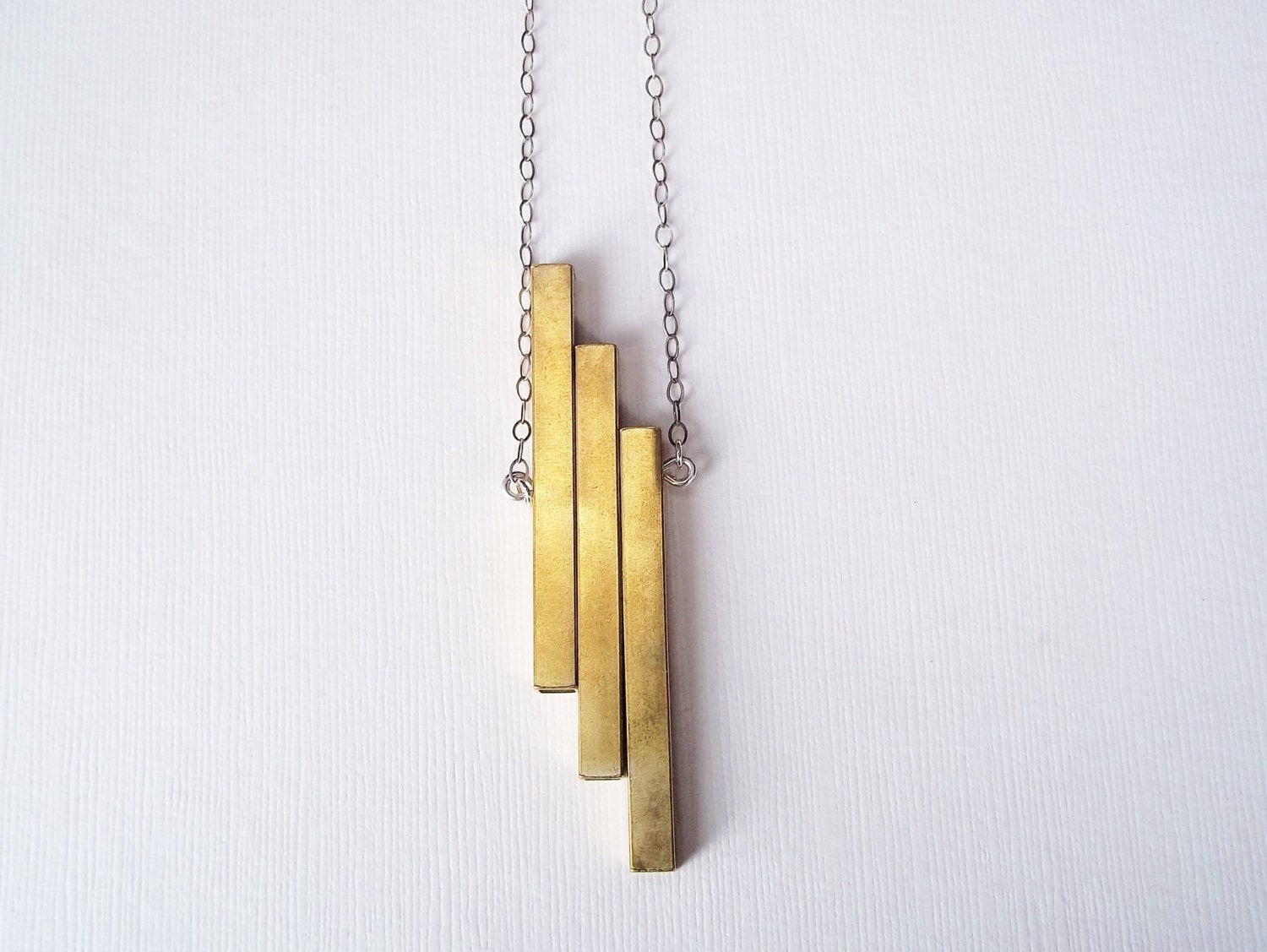 Long Gold Bar Necklace on Silver Chain. Modern Jewelry
