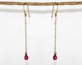 Dangling Karats. Long pink topaz earrings. Gold and pink earrings on delicate gold filled chain