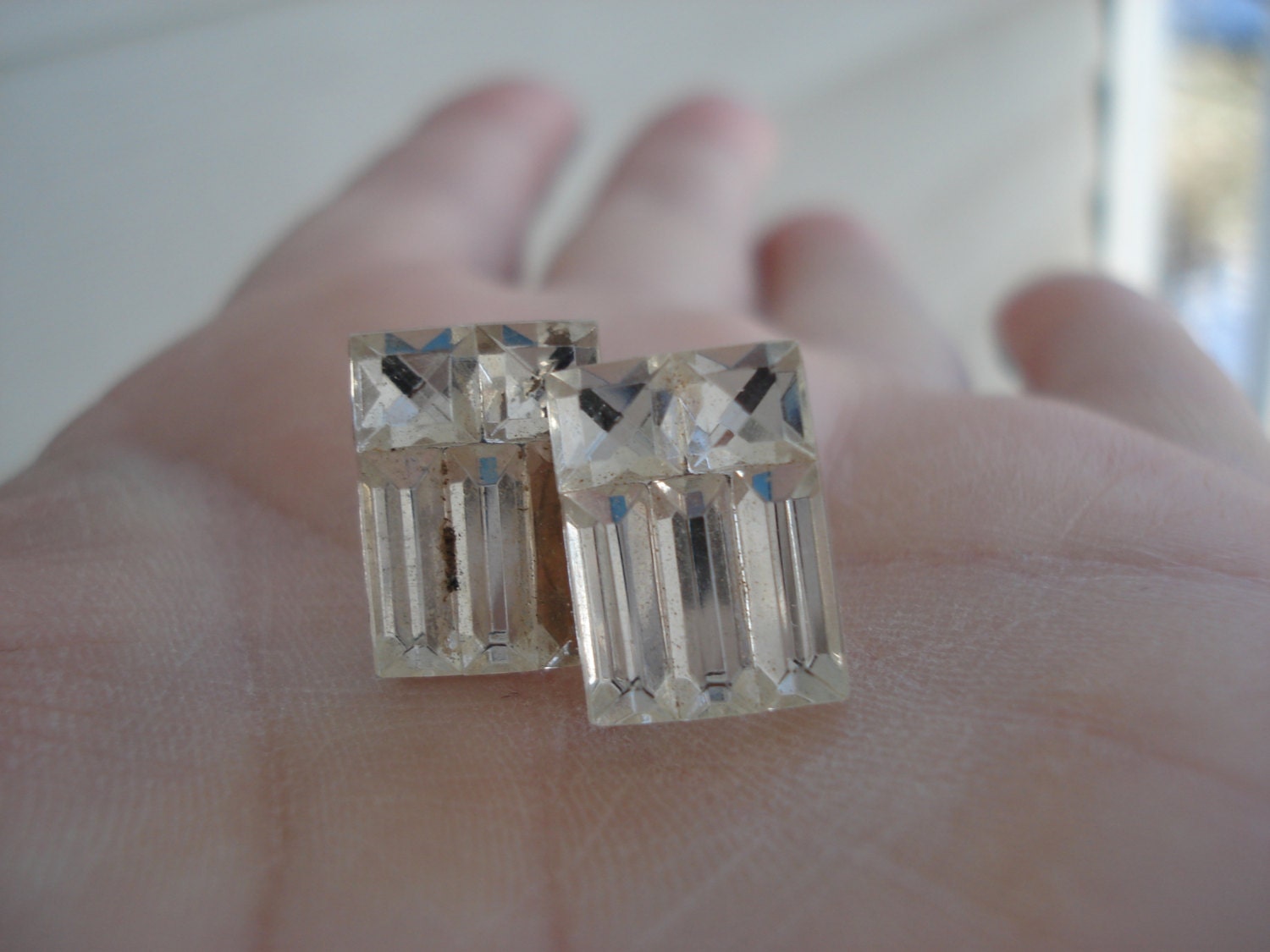 Vintage Antique 1920's Art Deco Foiled Beveled Glass Cabochons Stud Pierced Earrings