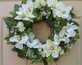 White Magnolia Wreath, Wedding Wreaths, Wedding Decoration, Cottage Chic Floral Wreath for Front Door