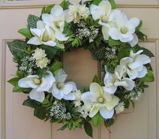 Wedding Wreaths, Wedding Decoration, Cottage Chic Floral Wreath, White Magnolia Wreath for Front Door, Wreath Pair