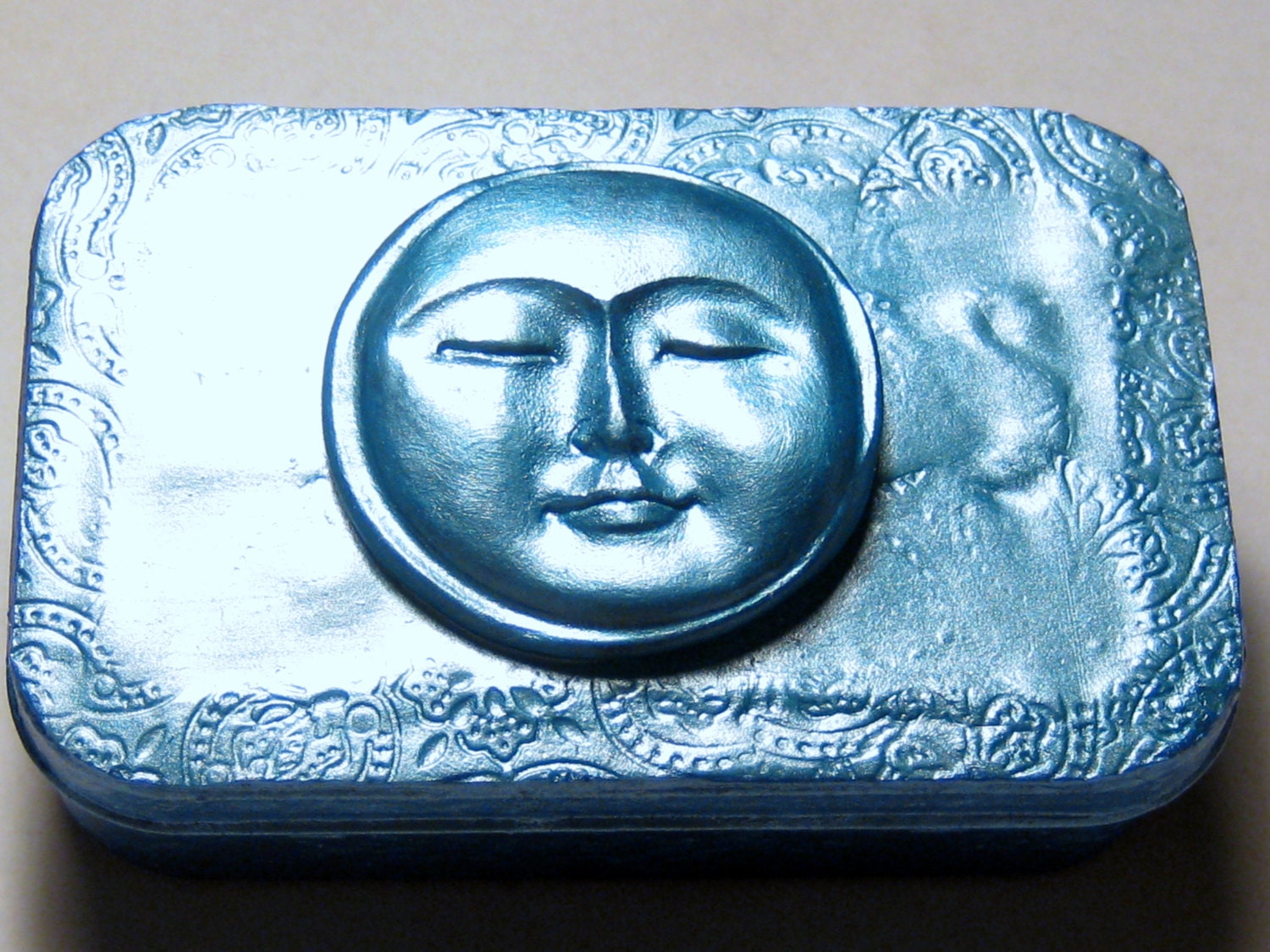Luna Full Moon Face Treasure Box Altered Art Altoid Mint Tin Blue