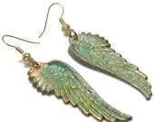 Angel Wing Earrings Verdigris Patina Gold Earwires