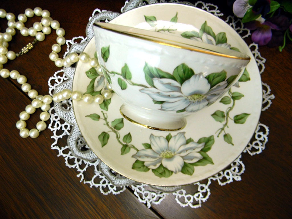 Eggshell Georgian Cup and Saucer - Homer Laughlin - Teacups White Dogwood Rose USA 9796