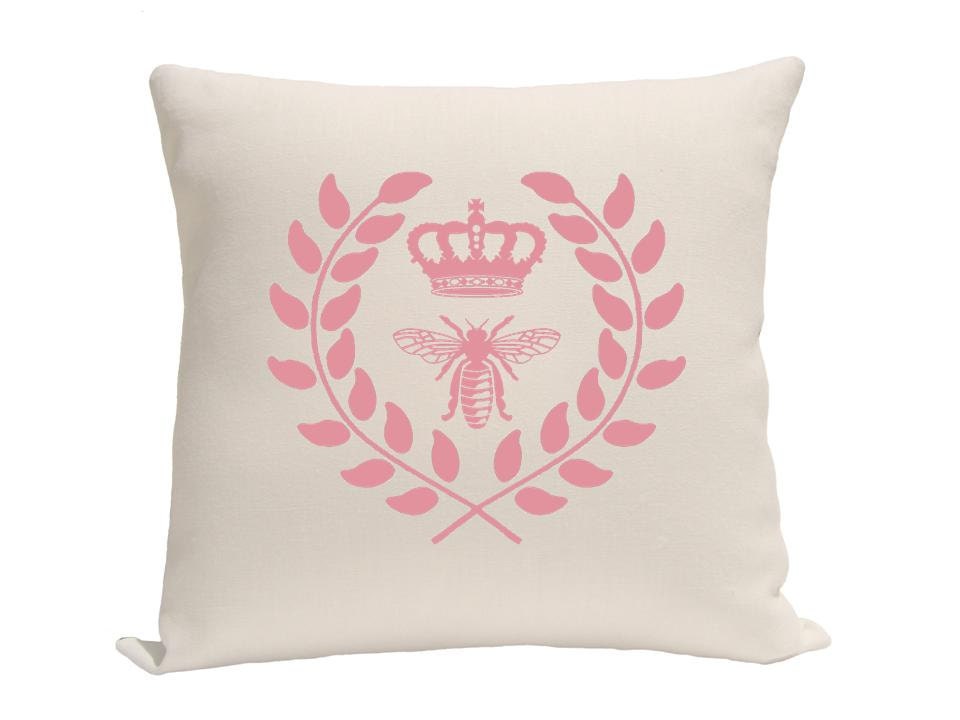 Wreath and Bumble bee Printed Pillow Cover, pink and White Pillow,  sizes 14 inch, 16 inch, pillow cover