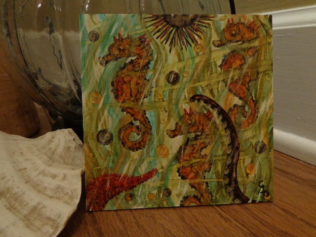 Sea Rain Tiny OOAK Original painting, Underwater view of a summer shower, Seahorse, Octopus, & Sea Star party in the rain, small space art