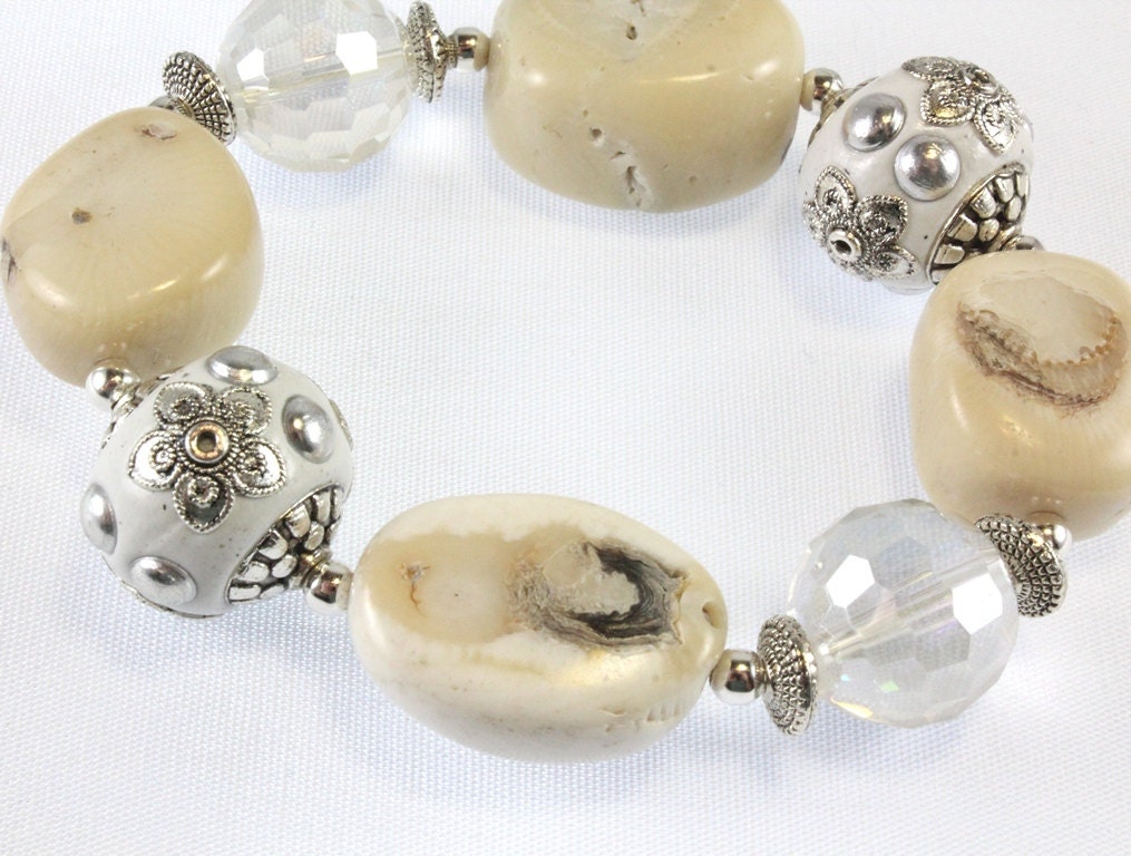White Coral Bracelet with Kashmiri Beads and Crystals
