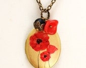 ON SALE Poppy Love,Brass locket,Red Poppy Flower,Black Bead ,Bridesmaid Necklace,Wedding Necklace