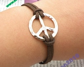 SALE - retro gold double side anti war sign with brown feather hand chain bracelet