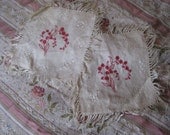 Vintage Silk Blend Dresser Linen Doily Square Intricate Threadwork Knotted Fringed Edge Red Embroidered Flowers