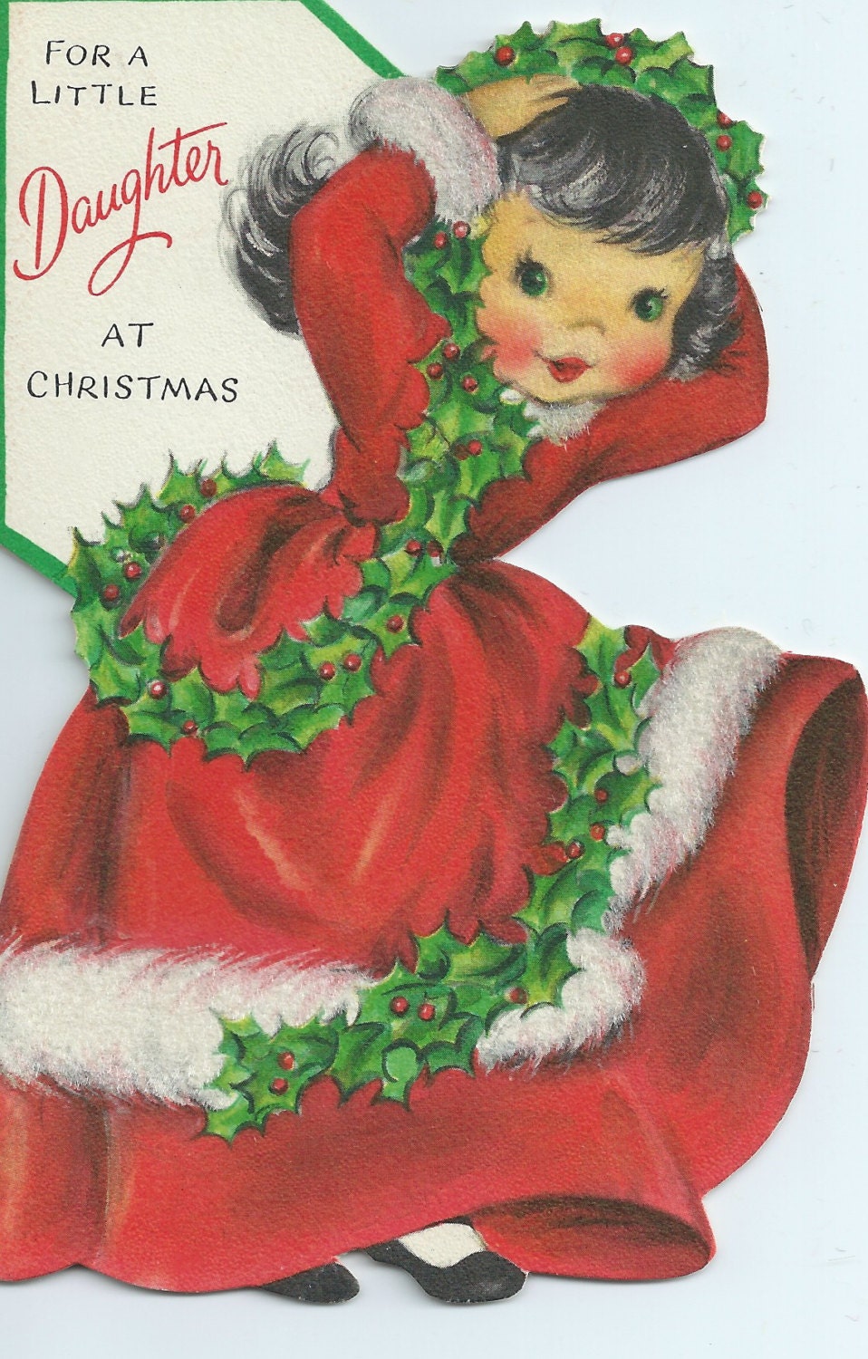 Reserved HAPPYTOBEME Vintage Greeting Card - Christmas  Flocked Little Girl Long Red Dress Black Hair