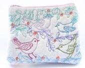 White Felted Machine Embroidered Change Purse Wallet Birds