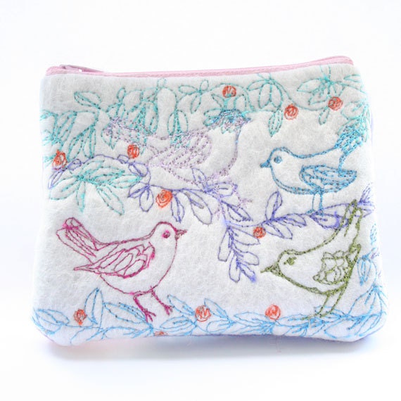 White Felted Machine Embroidered Change Purse Wallet Birds