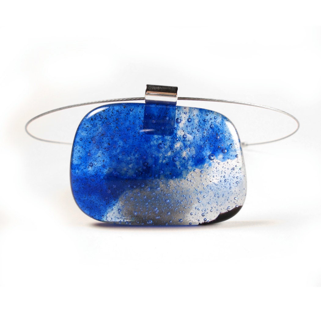 Blue and White Recycled Glass Pendant Necklace with Magnetic Closure