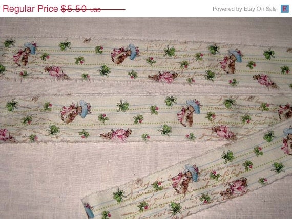 Memorial Day Sale Spring Easter Peter Rabbit Hand Distressed and Hand Stamped Fringed Ribbon Twill Rabbit003 ECS