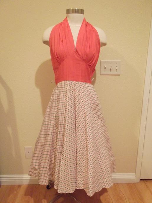 1950s Atomic Coral Plaid Marilyn Halter Sundress Size L