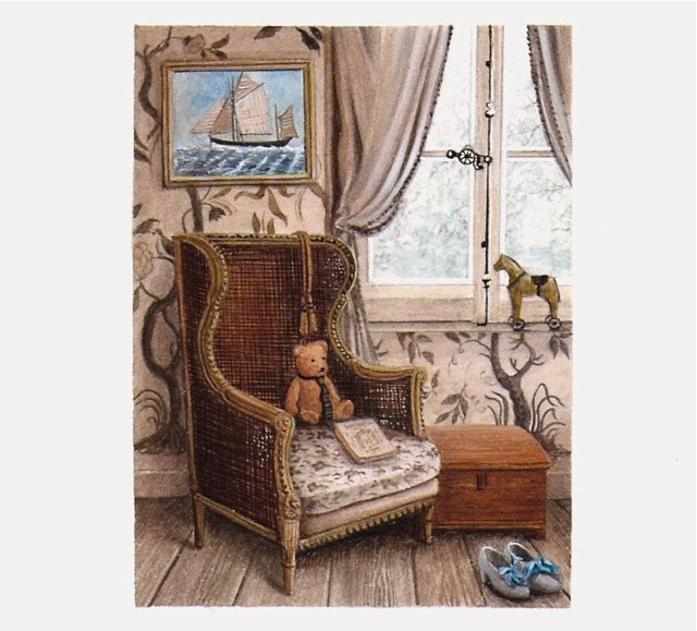 The Swedish Children Bedroom - Art Print of my Original Miniature Watercolor - Portrait of Interior