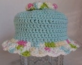 crochet flower baby sunhat, baby girl sun hat, 3 to 6 months, robins egg blue, beach hat