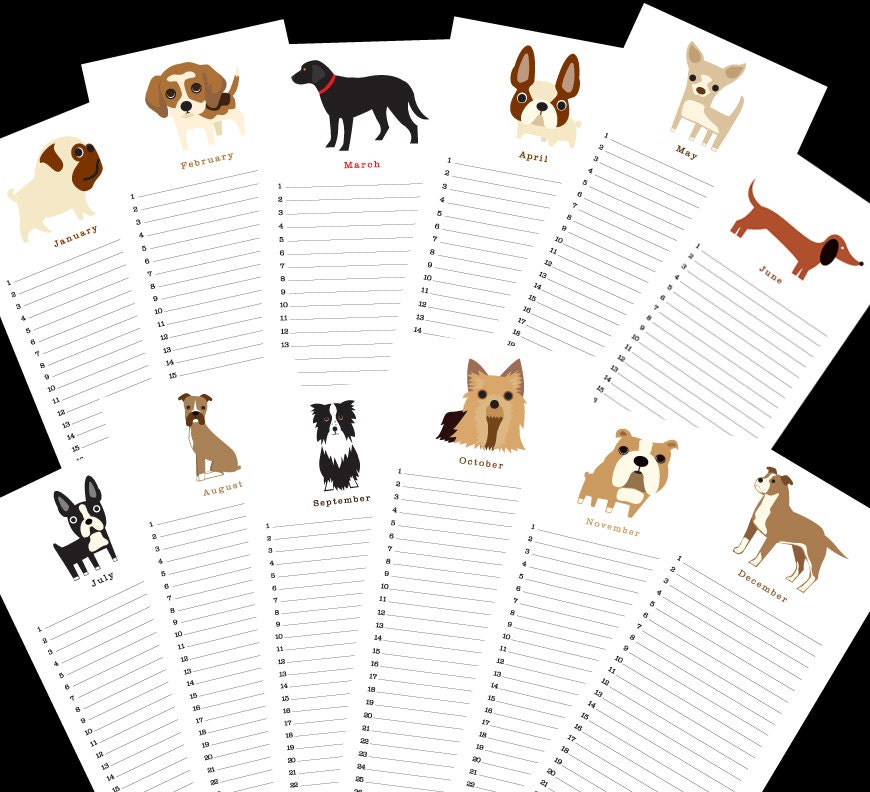 Perpetual birthday wall calendar. Twelve (12) adorable dog illustrations, one for each month 4.5" x 12"